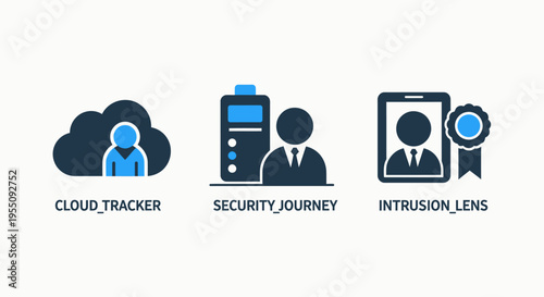 Security and tracking icons: cloud tracker, user journey, intrusion detection. monitoring digital footprints, security measures, and surveillance concepts