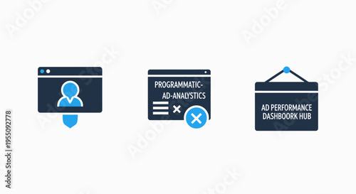 Online interaction icons: user profile, analytics, feedback - digital communication and business tools