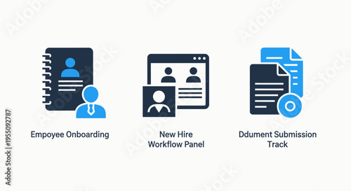 Hr and onboarding icons: employee, new hire workflow, document submission - human resources and recruitment process
