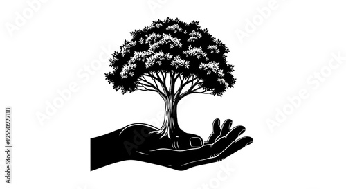Black and White Illustration of a Tree Held in a Hand