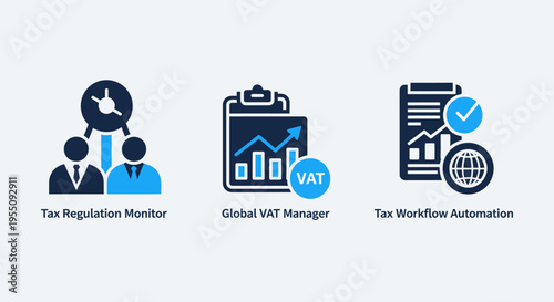 Tax and finance icons: tax regulation monitor, global vat manager, tax workflow automation, representing finance, accounting, and business processes