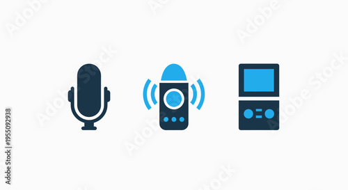 Audio technology icons: microphone, smart speaker, and player for sound recording and playback, voice assistant
