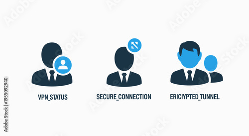 Cybersecurity icons: vpn status, secure connection, and encrypted tunnel for network protection