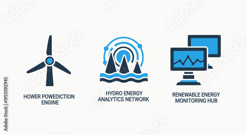 Energy icons: wind turbine, hydro analytics, and renewable monitoring for sustainable power
