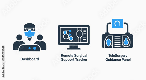 Medical technology icons: dashboard, remote surgery tracker, and guidance panel for healthcare innovation
