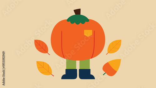 Vector art of cute pumpkin character with leaves falling around it, wearing boots and a pocket, on a light beige background for autumn