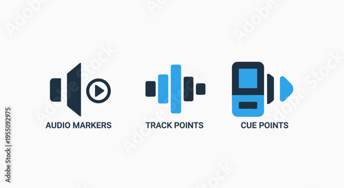Audio markers, track points, and cue points icons: editing and production tools for digital media workflow and synchronization