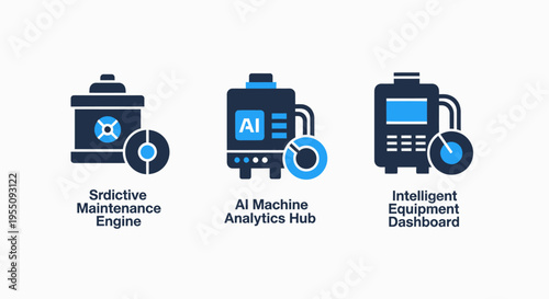 Ai and machine learning icons: predictive maintenance, AI analytics hub, intelligent equipment dashboard, automation