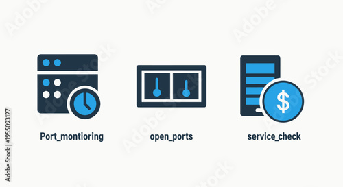 Technology icons: network monitoring, open ports, service checks, server status, cybersecurity, financial transactions