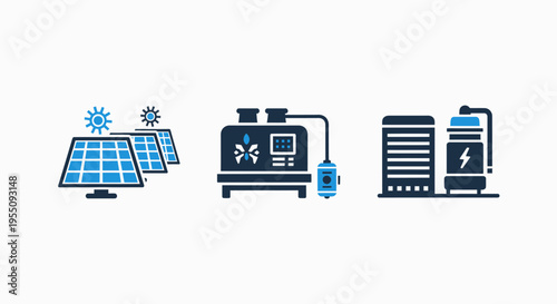 Renewable energy icons: solar panels, generator, and power station - vector graphics set