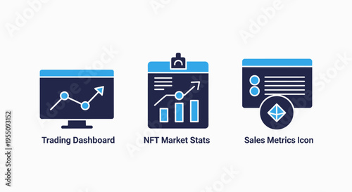 Financial dashboard icons: trading view, nft market, and sales metrics - vector graphics