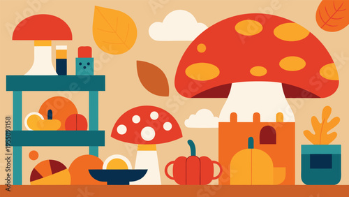 Vector art of a whimsical autumn scene with mushrooms, pumpkins, and leaves arranged in a colorful and playful composition on a beige backdrop