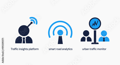 Connectivity and data icons: traffic signal, network signal, and group communication - vector