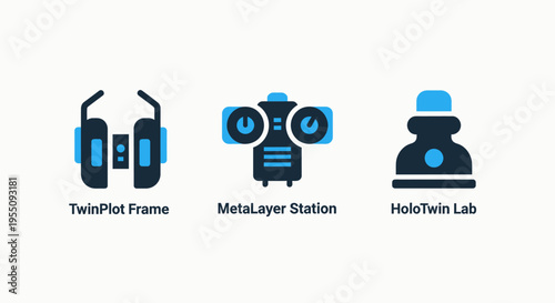 Futuristic technology icons: vr headset, sensor hub, and lab equipment for virtual reality, metaverse, and innovation