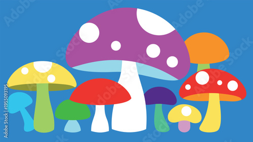 Vector art of a playful arrangement of colorful mushrooms against a blue backdrop, showcasing a variety of shapes, sizes, and vibrant hues