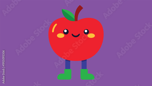 Vector art of a cheerful apple character with a smiling face, standing on legs with green boots, against a purple background