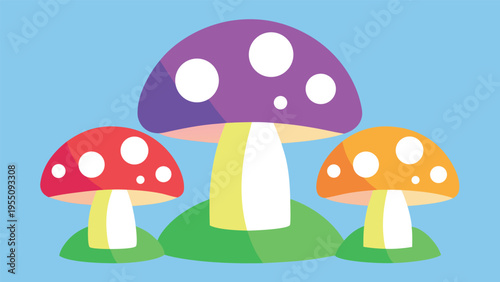 Vector art of a trio of charming mushrooms with polka dots, standing on a patch of green, set against a serene light blue backdrop