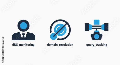 Dns monitoring, domain resolution, and query tracking icons representing network infrastructure management and cybersecurity services