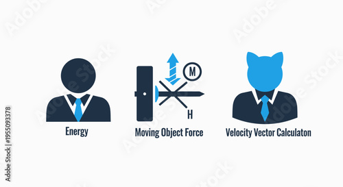 Icons representing energy, moving object force, and velocity vector calculation concepts in physics, engineering, and scientific studies