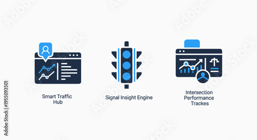 Digital analytics and smart city management icons featuring traffic flow monitoring, signal control, and conversion tracking for urban planning