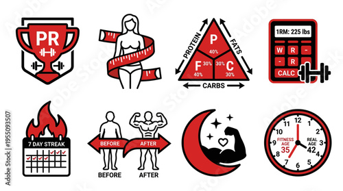 Fitness goal tracking icons set with workout and nutrition symbols