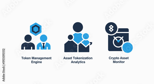 Decentralized crypto asset management icons for tokenization, blockchain analytics, and digital financial ecosystems, illustrating secure transactions