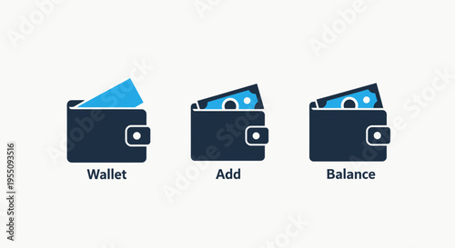 Digital wallet and financial management icons for adding funds, checking balances, and secure mobile payments, e-commerce, and banking