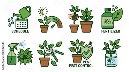 Plant Care Maintenance Icons for Gardening and Indoor Horticulture Set