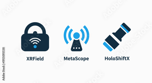 Secure wireless network, data transmission signal, and optical observation device technology icons set for digital systems and connectivity solutions