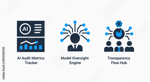 Artificial intelligence audit metrics, model oversight, and data transparency icons for ethical AI and algorithmic management systems