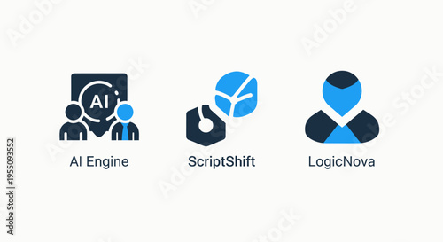 Artificial intelligence engine, scripting innovation, and logical processing platform icons for advanced digital technology solutions