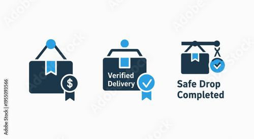 Payment for delivery, verified package shipment, and safe drop completion icons for e-commerce and logistics services, e commerce