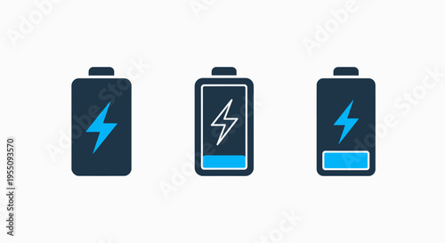 Battery charging status indicator icons set: full, half, and low power levels for mobile devices, electric vehicles, and energy storage applications
