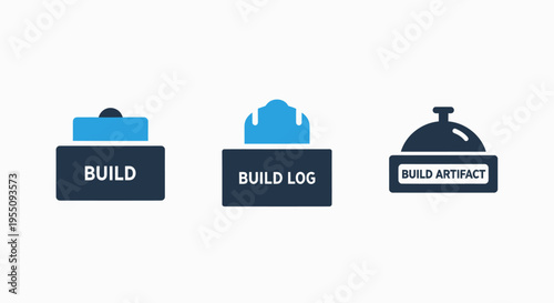 Software development build process icons: compilation, log monitoring, and artifact management for devops and engineering workflows