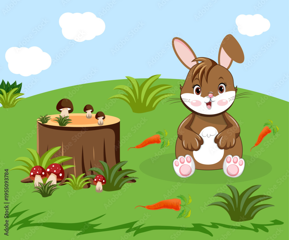 Naklejka premium A hare is sitting in a meadow surrounded by carrots and a stump nearby, and mushrooms on top of it.