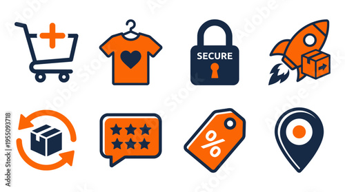 E-commerce and online shopping flat icon set for retail business