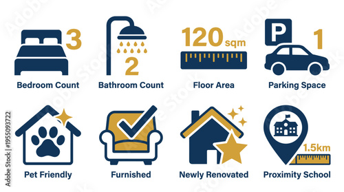 Real Estate Property Features Icon Set for Home Listing