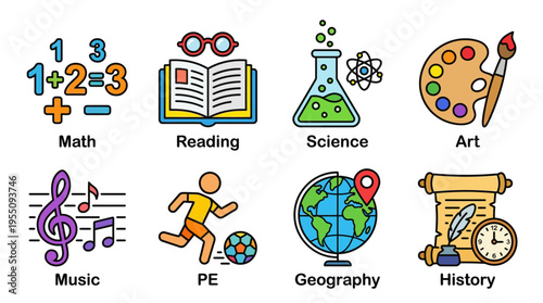 Set of educational icons for school subjects and curriculum