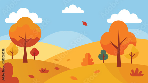 Vector art of scenic autumn landscape with colorful trees, rolling hills, and a clear blue sky, perfect for a peaceful fall scene