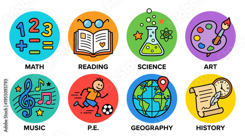 Colorful School Subject Icons for Elementary Education Curriculum