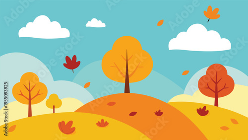 Vector art of autumn landscape with trees, hills and clouds in flat design style with warm colors and a peaceful atmosphere in nature
