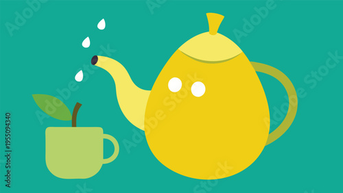 Vector art of a whimsical illustration of a pearshaped teapot pouring tea into a cup with a leaf, set against a vibrant teal background