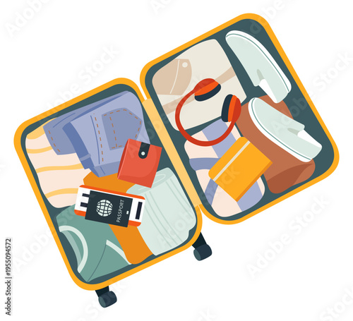 Open suitcase with travel items and accessories. Passport, headphones and clothes inside. Flat vector illustration of tourism, vacation planning, travel lifestyle Design element for print and branding