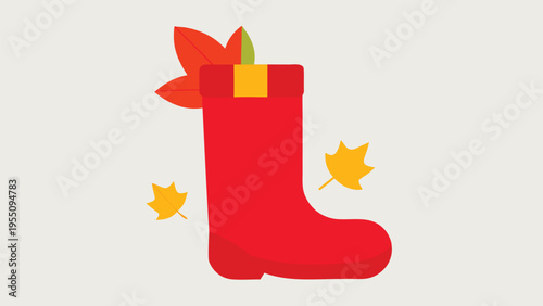 Vector art of red rubber boot with autumn leaves on a light beige background, a cozy and seasonal vector illustration for fall