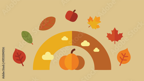 Vector art of festive autumn rainbow with pumpkin, leaves, and apples, creating a vibrant and cheerful seasonal illustration for fall celebrations