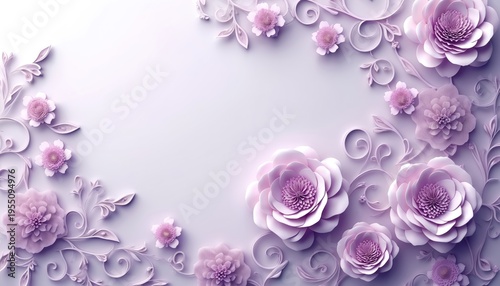Elegant paper-cut floral design with pastel purple flowers and swirling decorative elements. Soft light creates a delicate three-dimensional texture. Ideal for background art.