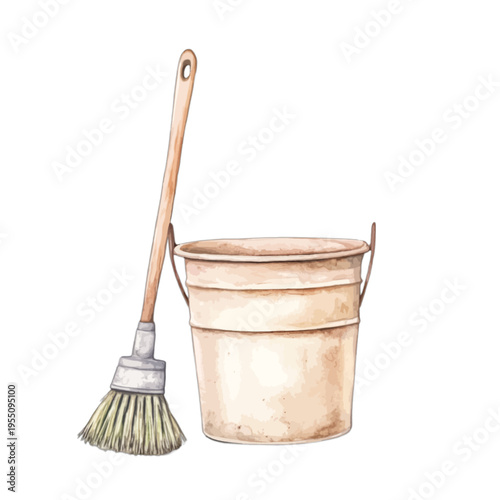 Watercolor vintage cream metal bucket and wooden broom cleaning tools
