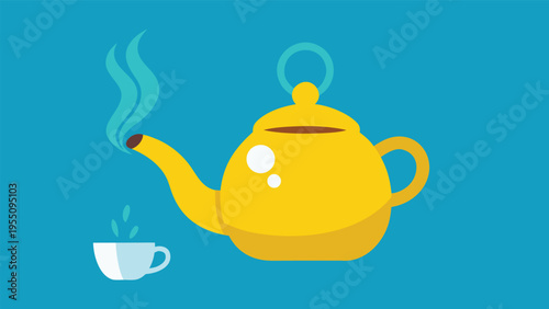 Vector art of a steaming yellow teapot with a cup of tea, perfect for a cozy break and enjoying a warm beverage on a bright blue background