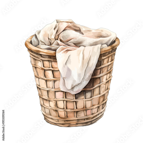 Watercolor illustration of a wicker laundry basket with cream linens