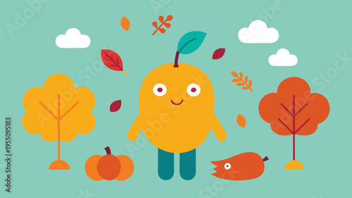 Vector art of cute autumn illustration with happy orange fruit character, pumpkin, trees, leaves and clouds on a light blue background